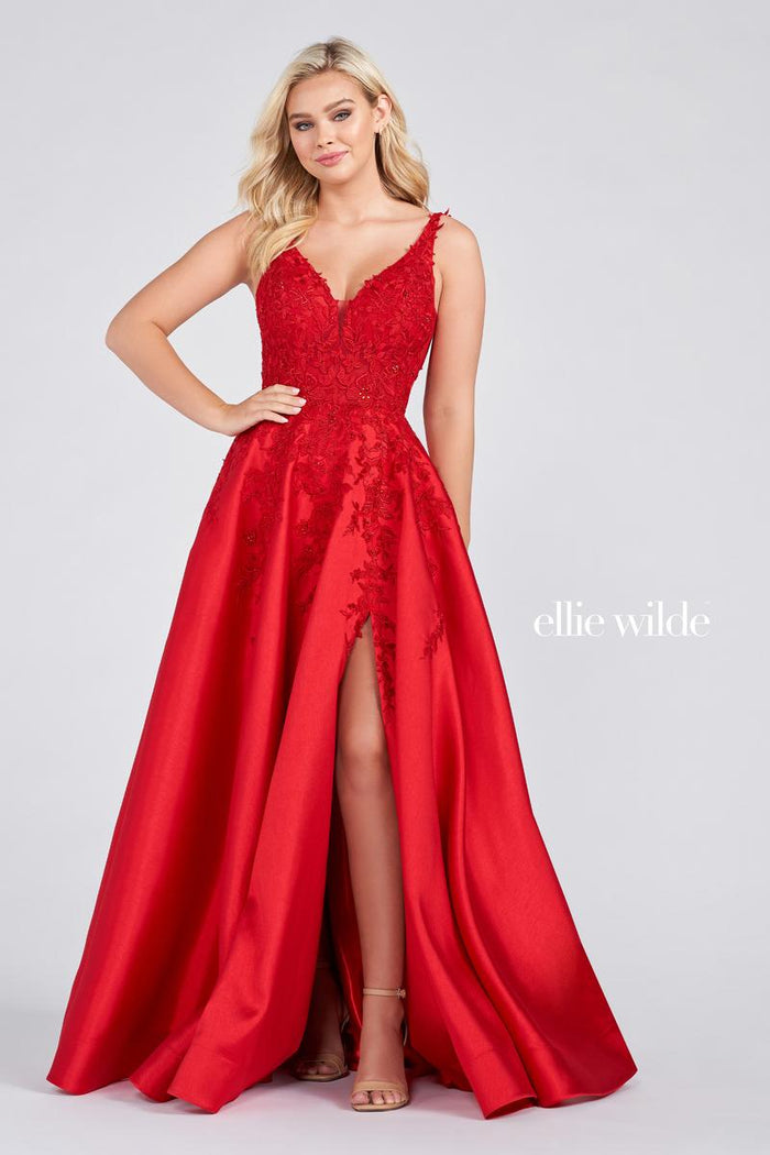 Ellie Wilde EW122074 V-Neck A-Line Dress with Floral Lace