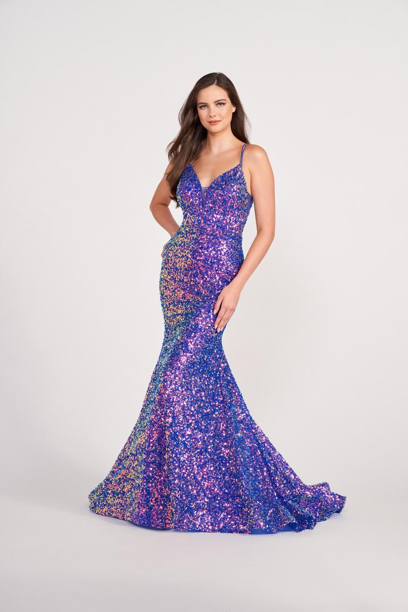 Ellie Wilde EW34016 Sequin Fit and Flare Gown with Plunge Neckline