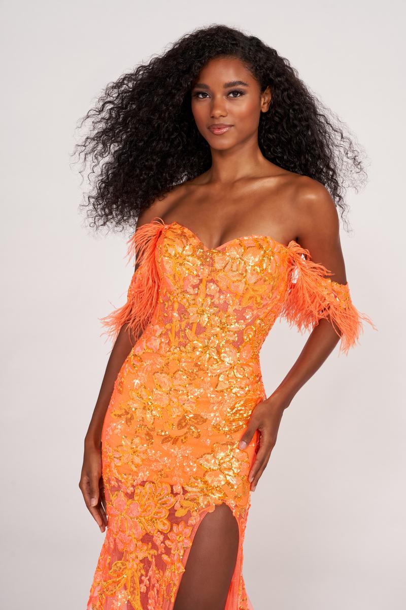 Ellie Wilde EW34034 Off-Shoulder Feather Detail Fit and Flare Gown 4 / Orange