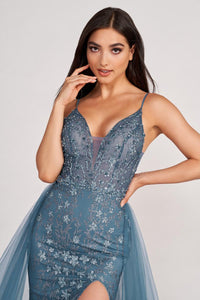 Ellie Wilde EW34058 Dress - Plunging Neckline, Long, Fit and Flare Silhouette