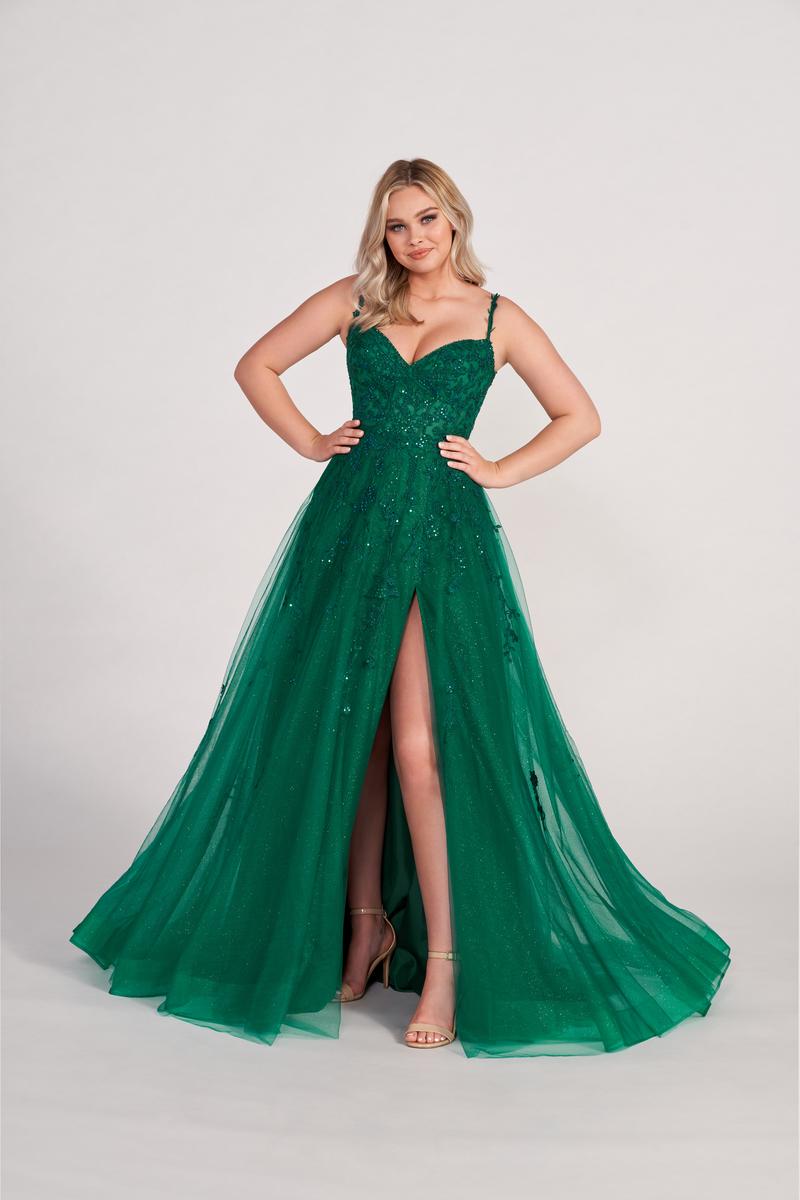 Ellie Wilde EW34116 Spaghetti Strap A-Line Gown with Slit