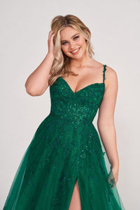 Ellie Wilde EW34116 Spaghetti Strap A-Line Gown with Slit