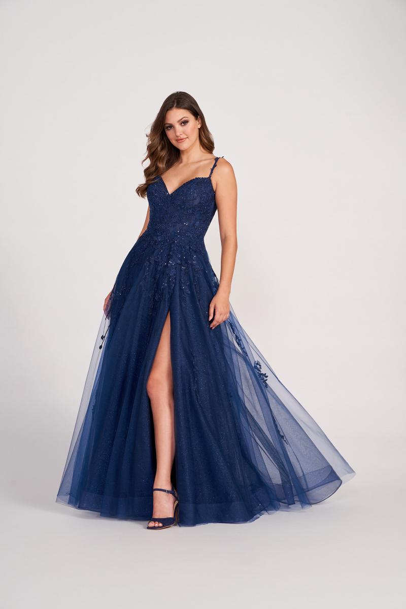 Ellie Wilde EW34116 Spaghetti Strap A-Line Gown with Slit