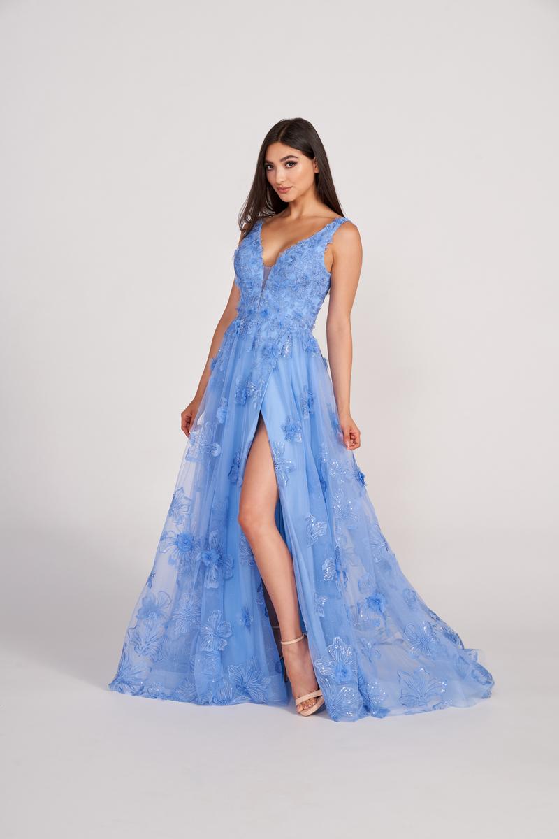 Ellie Wilde EW34121 V-Neck A-Line Gown with Floral Appliqué