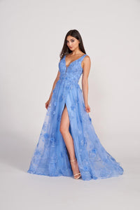 Ellie Wilde EW34121 V-Neck A-Line Gown with Floral Appliqué