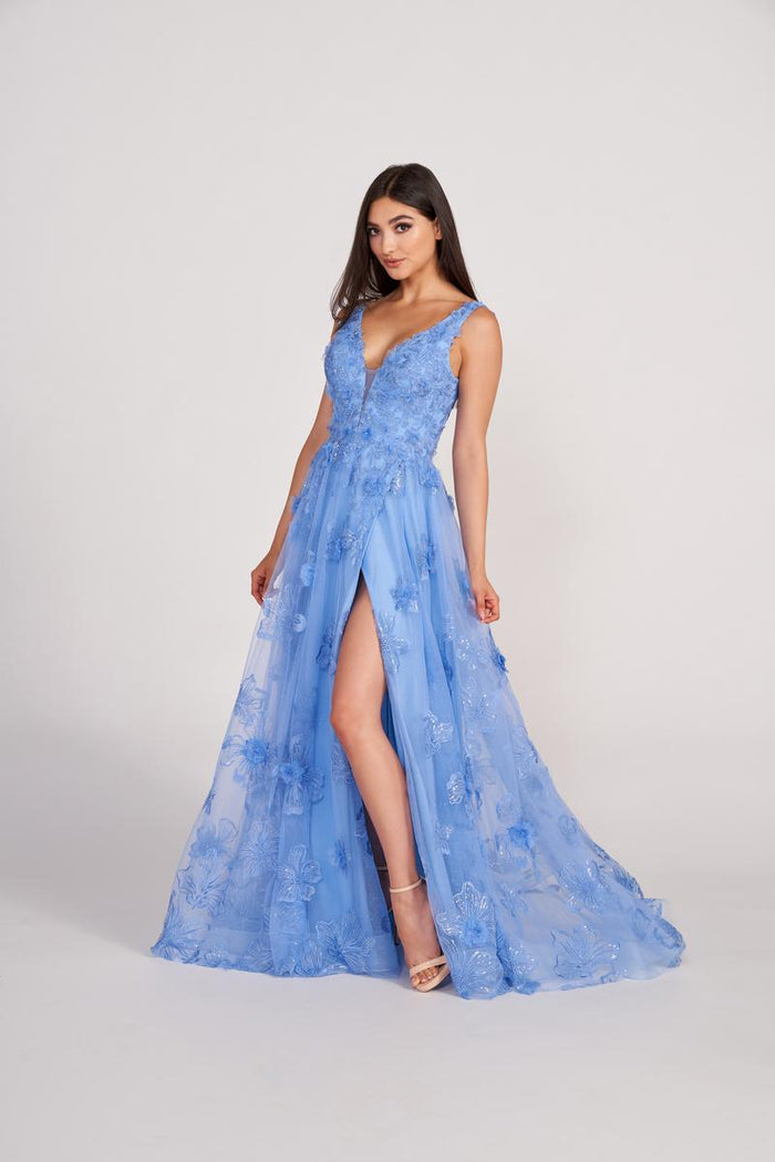 Ellie Wilde EW34121 V-Neck A-Line Gown with Floral Appliqué