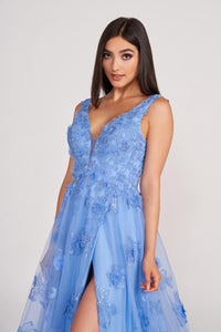 Ellie Wilde EW34121 V-Neck A-Line Gown with Floral Appliqué