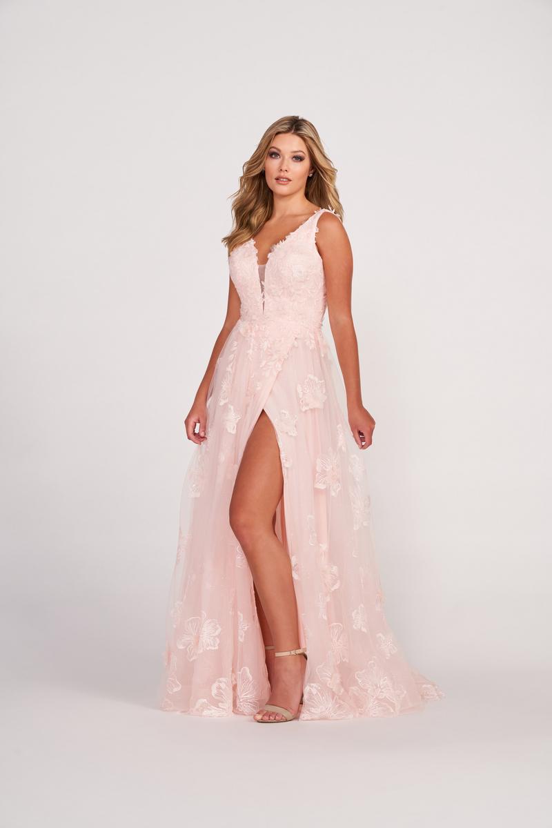 Ellie Wilde EW34121 V-Neck A-Line Gown with Floral Appliqué