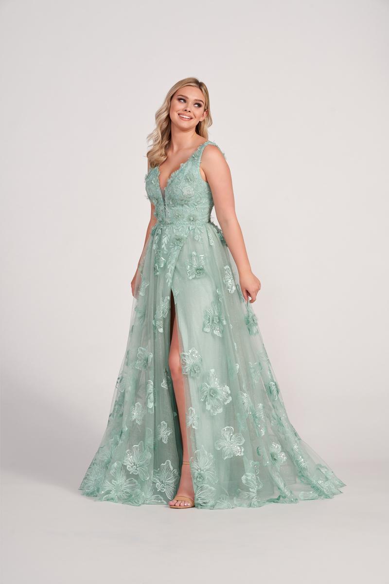 Ellie Wilde EW34121 V-Neck A-Line Gown with Floral Appliqué