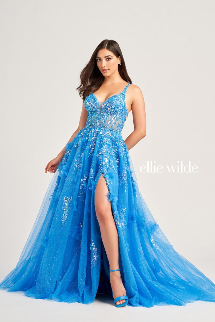 Ellie Wilde EW35047 V-Neck Long A-Line Dress with Floral Embellishments