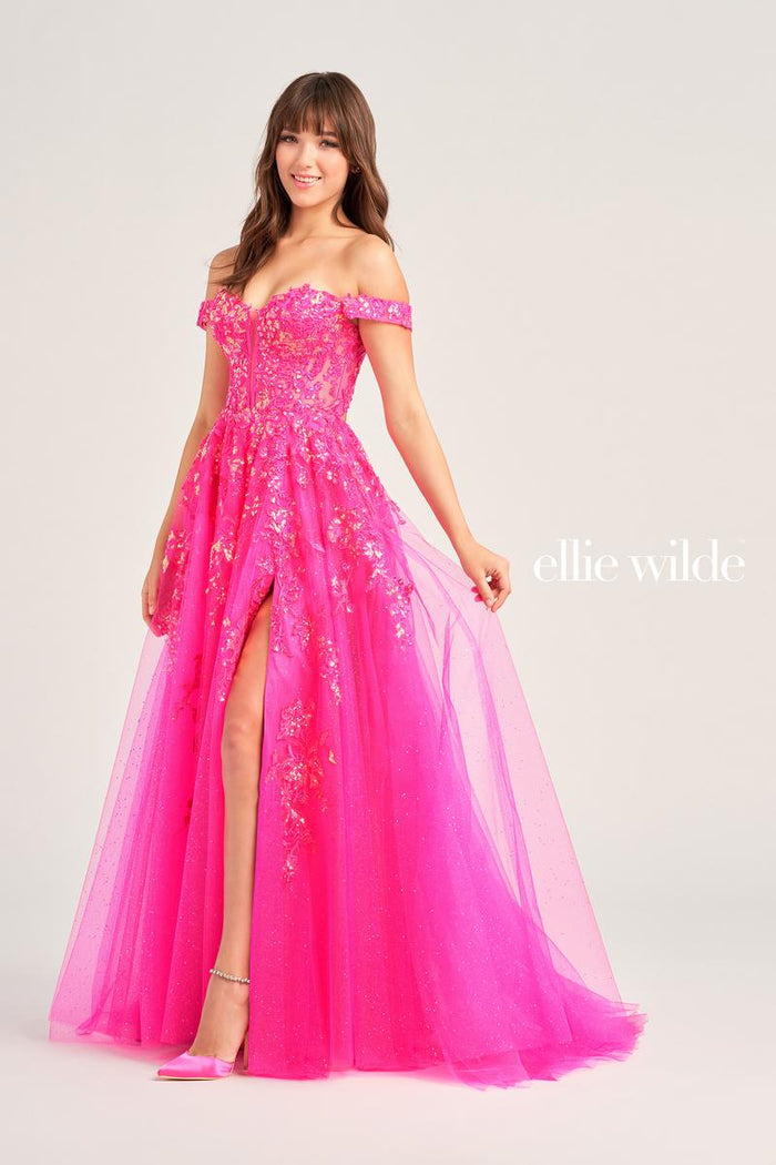 Ellie Wilde EW35058 Off-Shoulder A-Line Gown with Slit