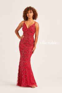 Ellie Wilde EW35065 Pink V-Neck Fit and Flare Gown