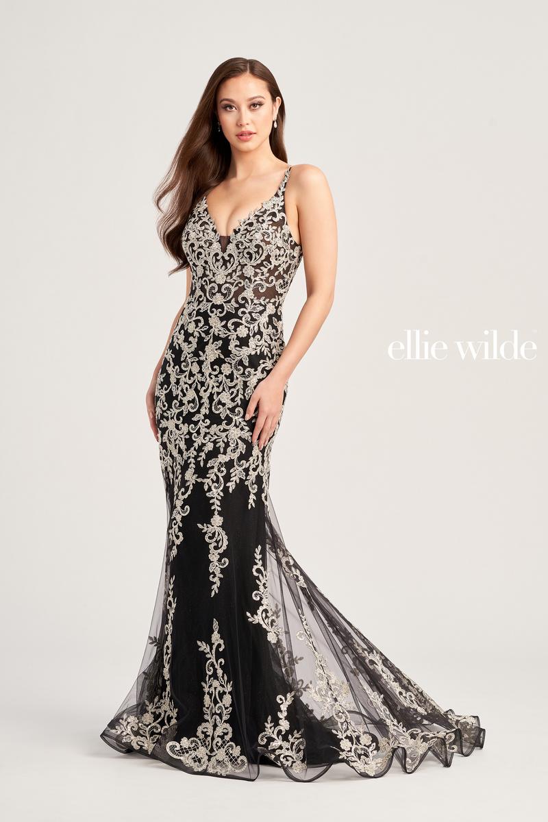 Ellie Wilde EW35071 V-Neck Long Fit and Flare Dress