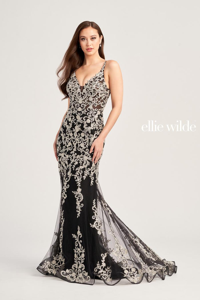 Ellie Wilde EW35071 V-Neck Long Fit and Flare Dress