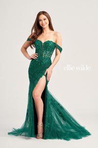 Ellie Wilde EW35082 Off-Shoulder Long Fitted Dress with Slit