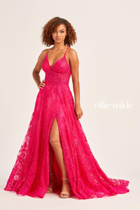 Ellie Wilde EW35103 Lace V-Neck A-Line Gown with Slit