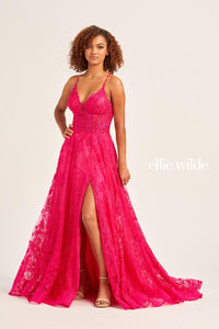 Ellie Wilde EW35103 Lace V-Neck A-Line Gown with Slit