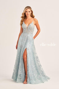 Ellie Wilde EW35103 Lace V-Neck A-Line Gown with Slit