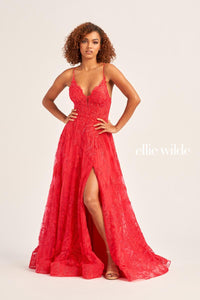 Ellie Wilde EW35103 Lace V-Neck A-Line Gown with Slit