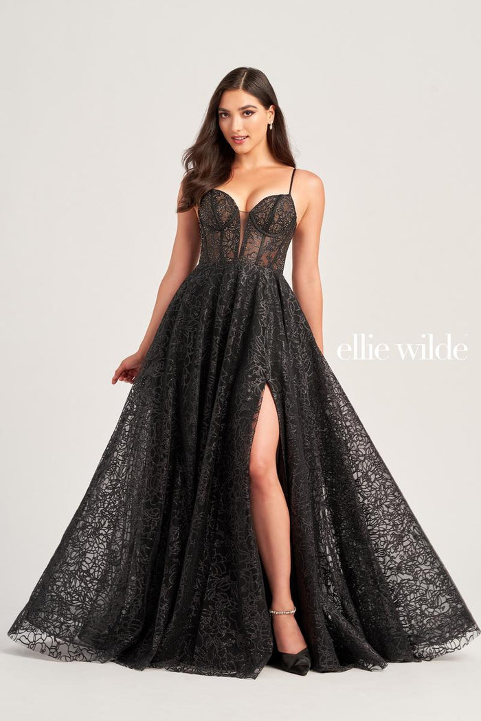Ellie Wilde EW35216 Floral Lace A-Line Gown with Plunging Neckline