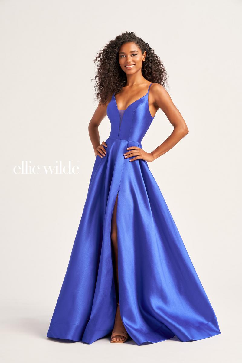Ellie Wilde EW35232 V-Neck Long A-Line Dress with Slit