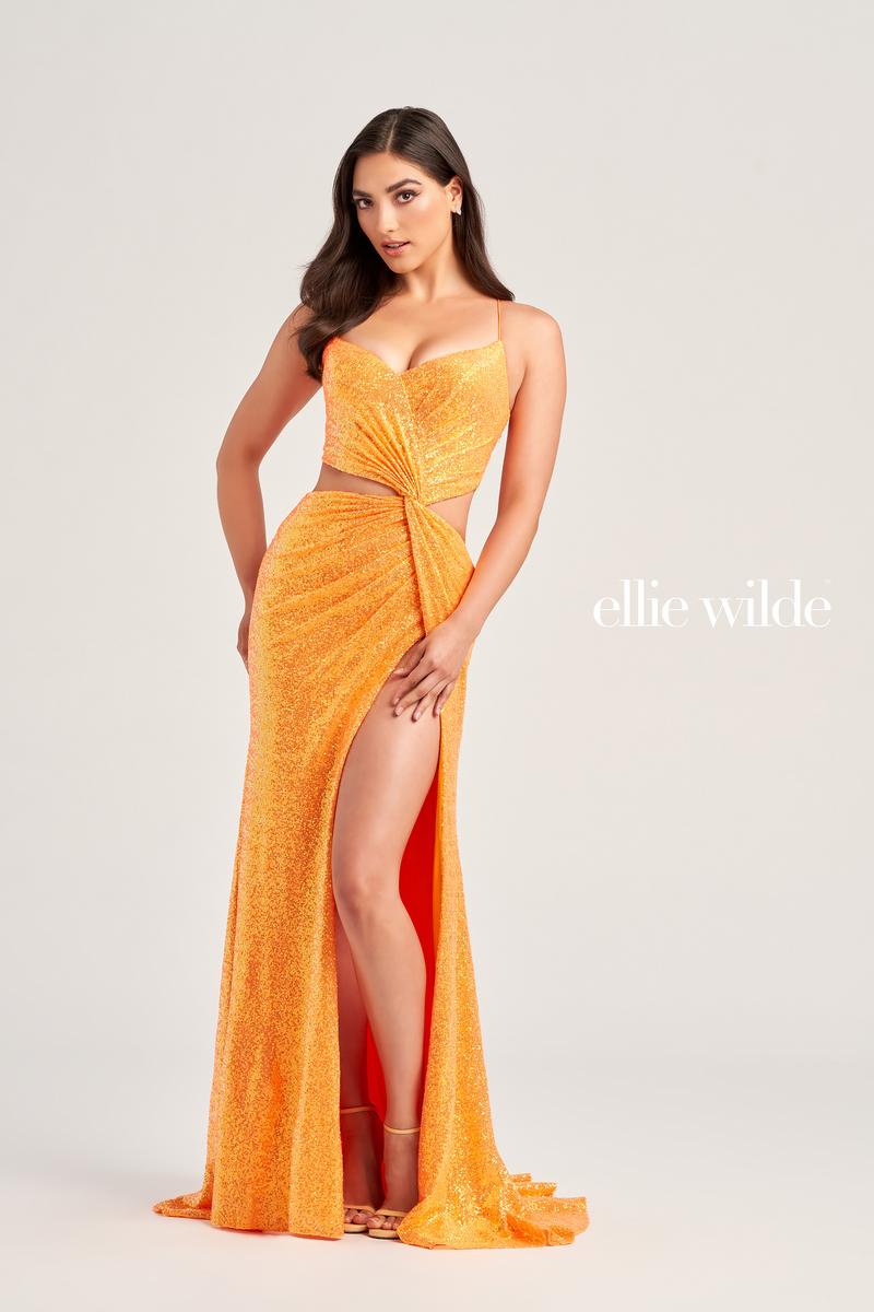 Ellie Wilde EW35233 V-Neck A-Line Gown with Floral Appliqué
