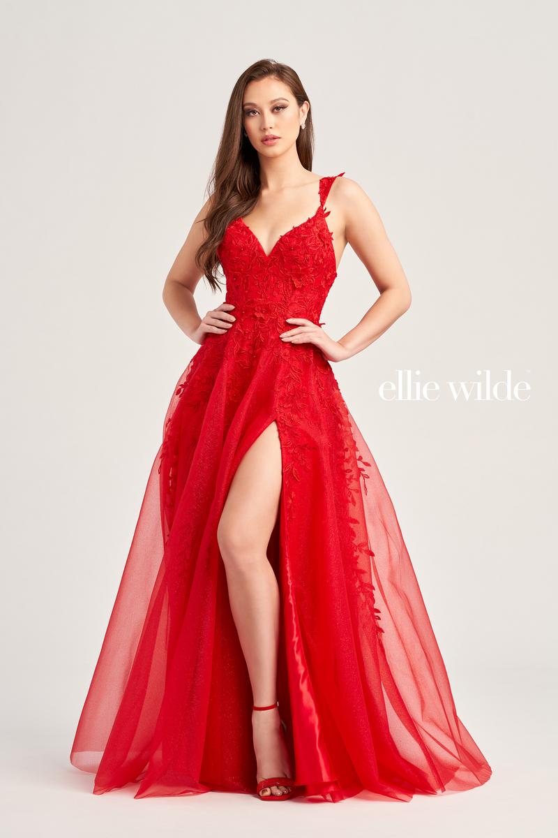 Ellie Wilde EW35233 V-Neck A-Line Gown with Floral Appliqué