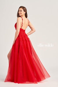 Ellie Wilde EW35233 V-Neck A-Line Gown with Floral Appliqué