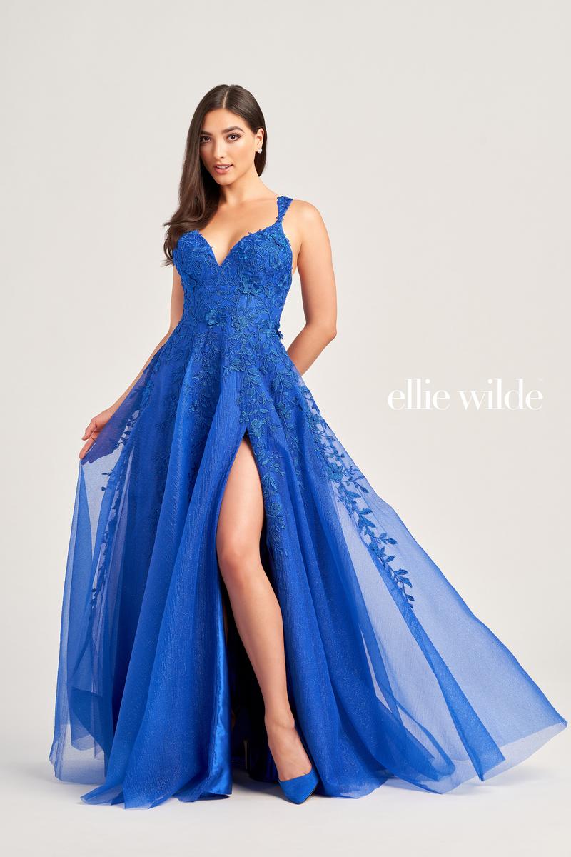 Ellie Wilde EW35233 V-Neck A-Line Gown with Floral Appliqué