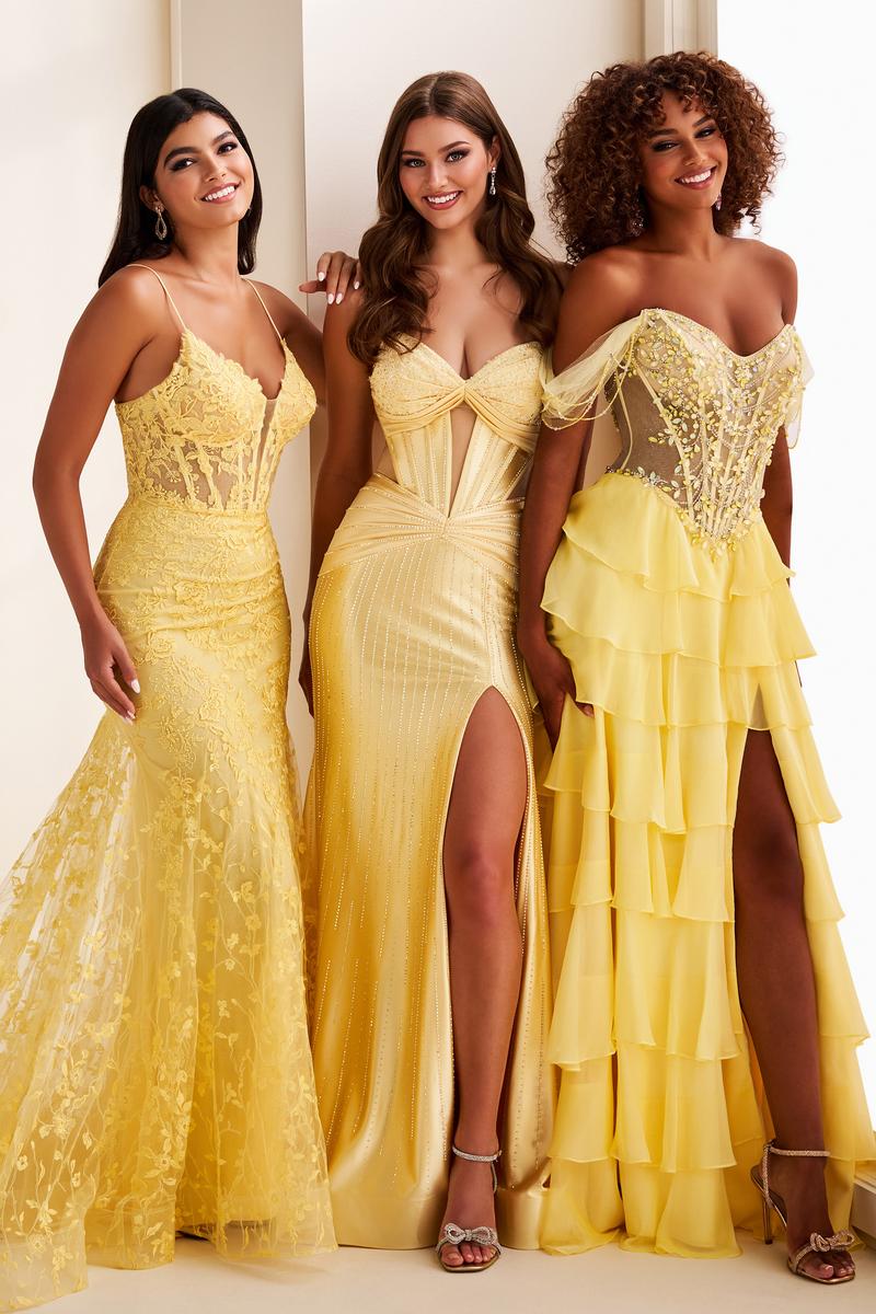 Ellie Wilde EW37018 Off-Shoulder Tiered A-Line Gown