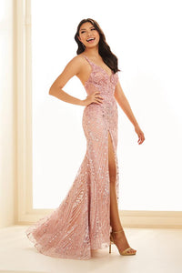 Ellie Wilde EW36033 V-Neck Long Fitted Dress with High Slit