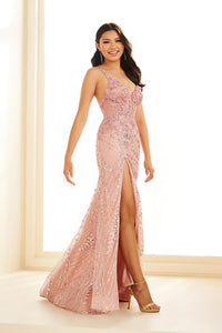 Ellie Wilde EW36033 V-Neck Long Fitted Dress with High Slit