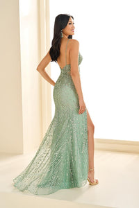 Ellie Wilde EW36033 V-Neck Long Fitted Dress with High Slit