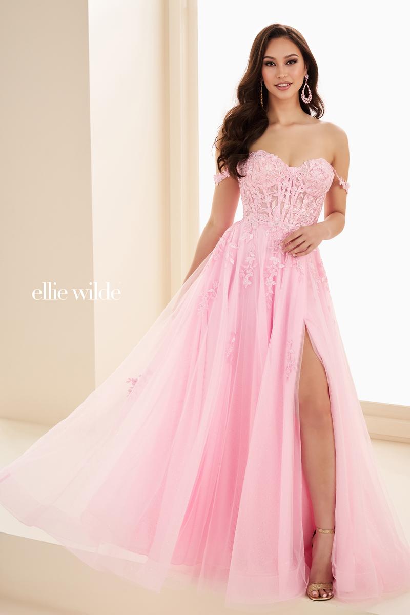 Ellie Wilde EW36083 Off-Shoulder A-Line Gown with Slit