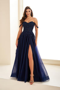 Ellie Wilde EW36083 Off-Shoulder A-Line Gown with Slit
