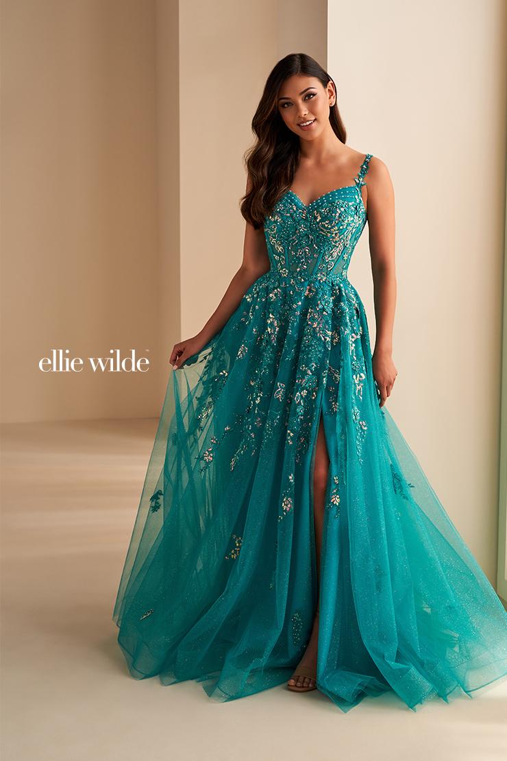 Ellie Wilde EW36204 Off-Shoulder A-Line Dress with Floral Appliqué