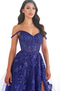 Ellie Wilde EW36204 Off-Shoulder A-Line Dress with Floral Appliqué