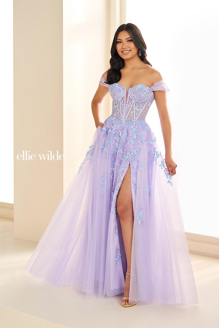 Ellie Wilde EW36217 Off-Shoulder A-Line Dress with Floral Lace