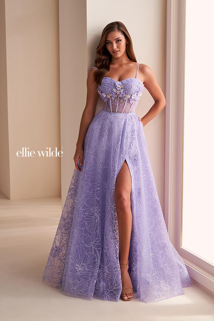 Ellie Wilde EW36218 Lavender A-Line Dress with Floral Appliqué
