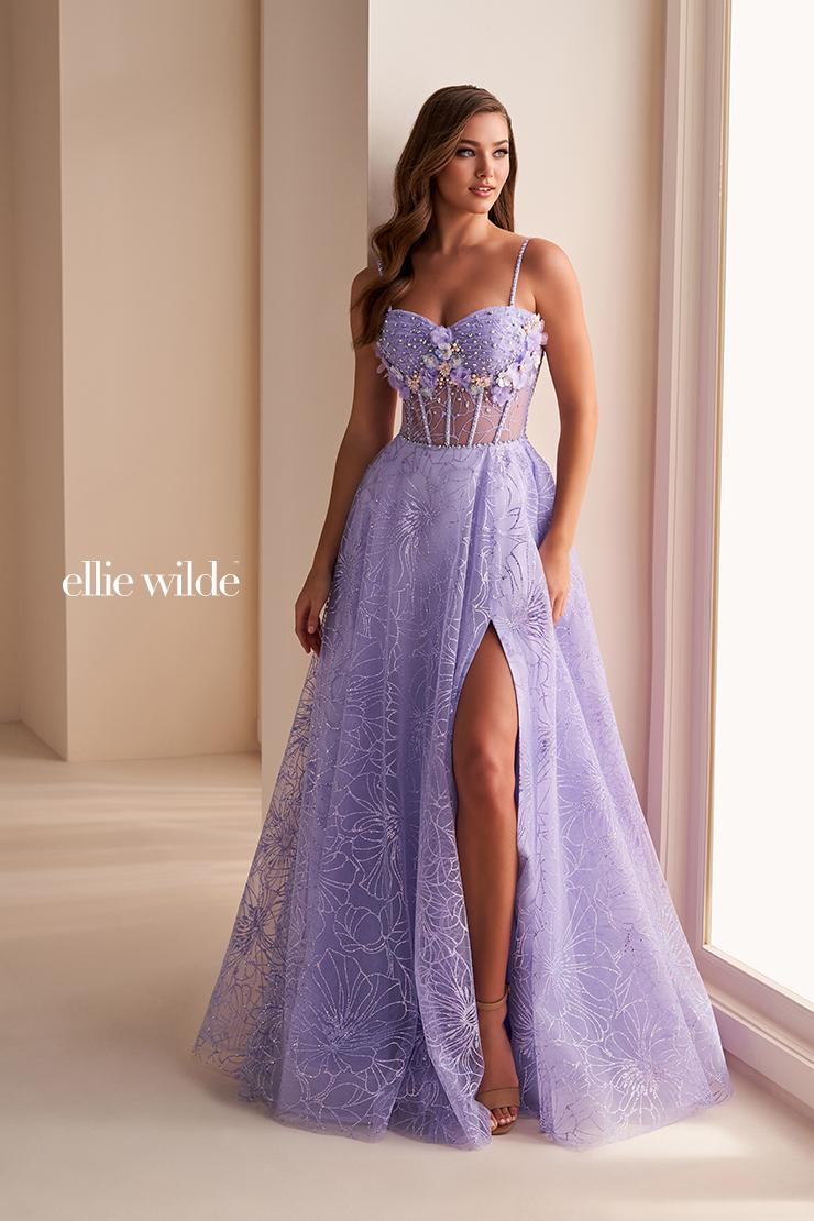 Ellie Wilde EW36218 Lavender A-Line Dress with Floral Appliqué