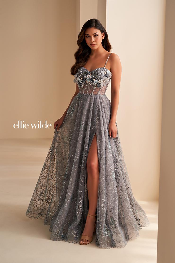 Ellie Wilde EW36218 Lavender A-Line Dress with Floral Appliqué