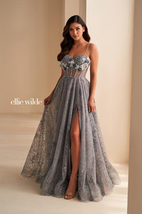 Ellie Wilde EW36218 Lavender A-Line Dress with Floral Appliqué