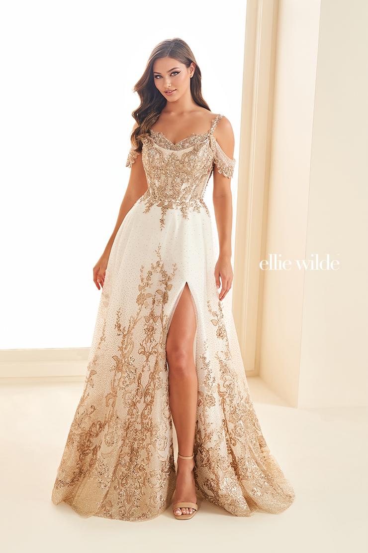 Ellie Wilde EW36220 Off-Shoulder A-Line Gown with Slit