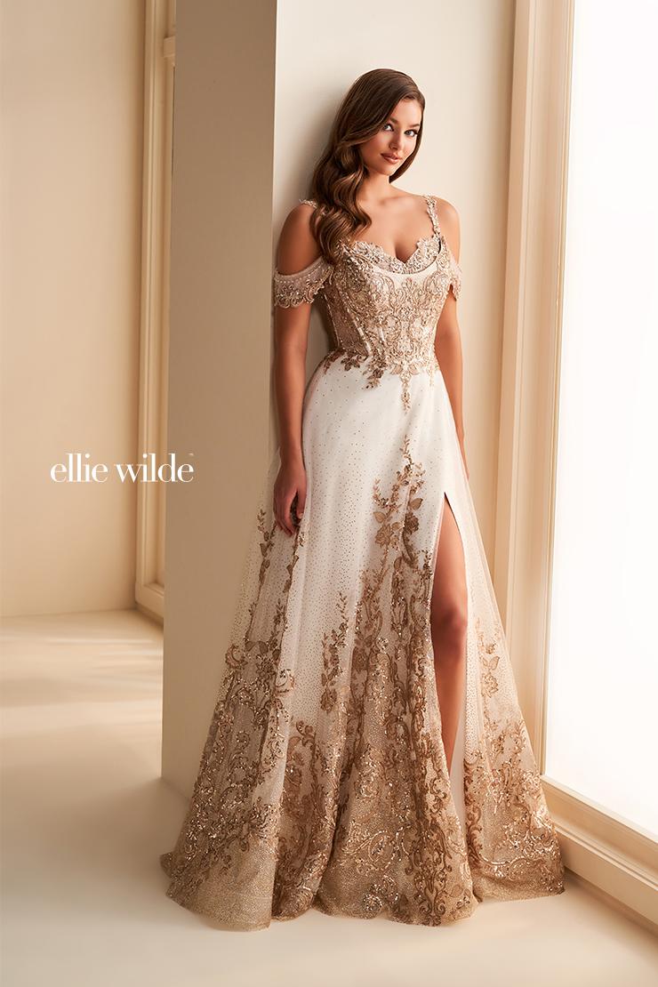 Ellie Wilde EW36220 Off-Shoulder A-Line Gown with Slit