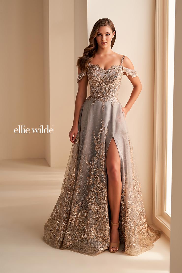 Ellie Wilde EW36220 Off-Shoulder A-Line Gown with Slit