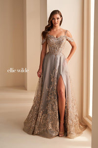 Ellie Wilde EW36220 Off-Shoulder A-Line Gown with Slit