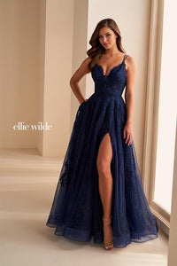 Ellie Wilde EW36226 V-Neck A-Line Gown with Slit