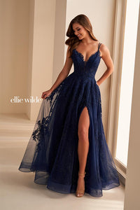 Ellie Wilde EW36226 V-Neck A-Line Gown with Slit