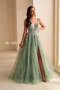 Ellie Wilde EW36226 V-Neck A-Line Gown with Slit