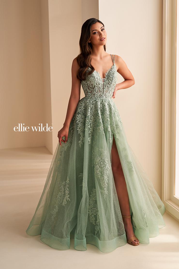 Ellie Wilde EW36226 V-Neck A-Line Gown with Slit